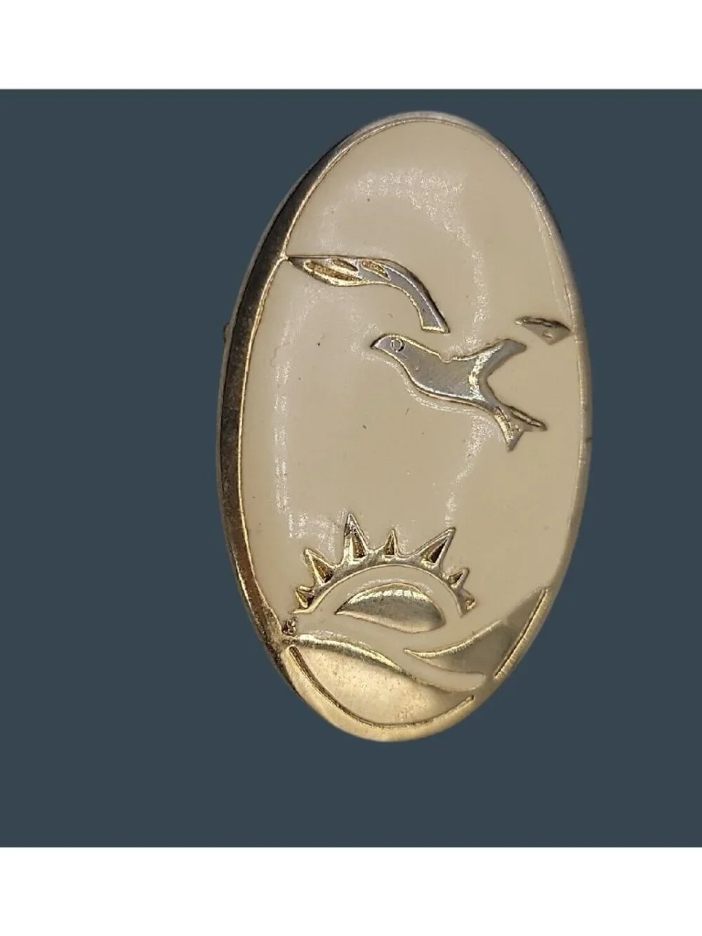 Bird In Flight Over Sunset Brooch Pin Cream Enamel Gold Tone Coastal Aviation